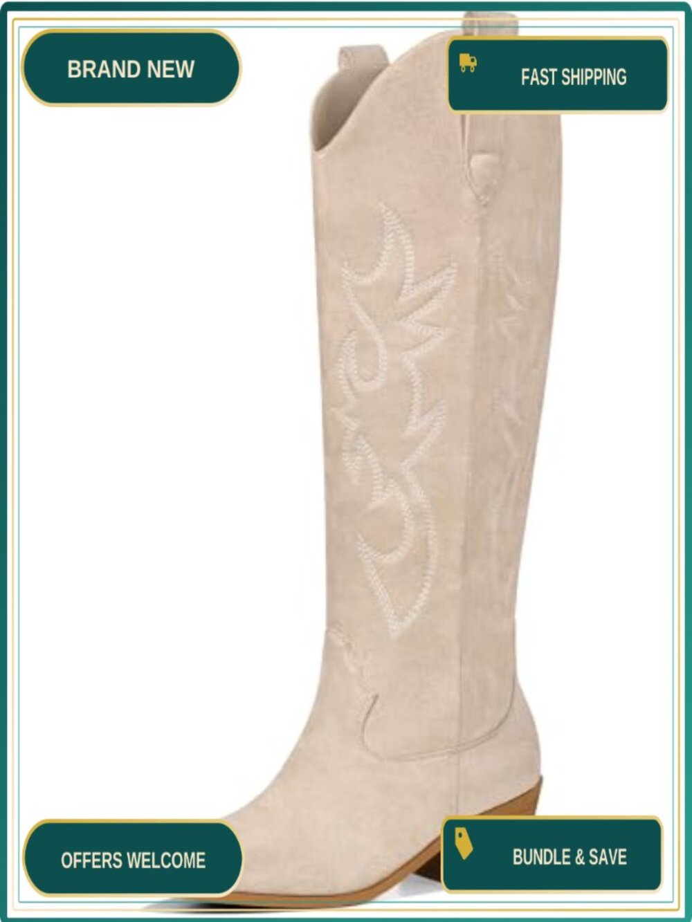 Women's Embellished Cowgirl Knee High Boots Suede Chunky Heel Size